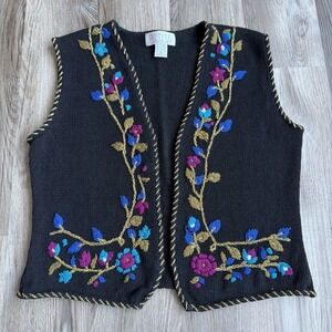 Vintage Women's Black Floral Embroidered Open Vest Blue Purple Flowers Gold M